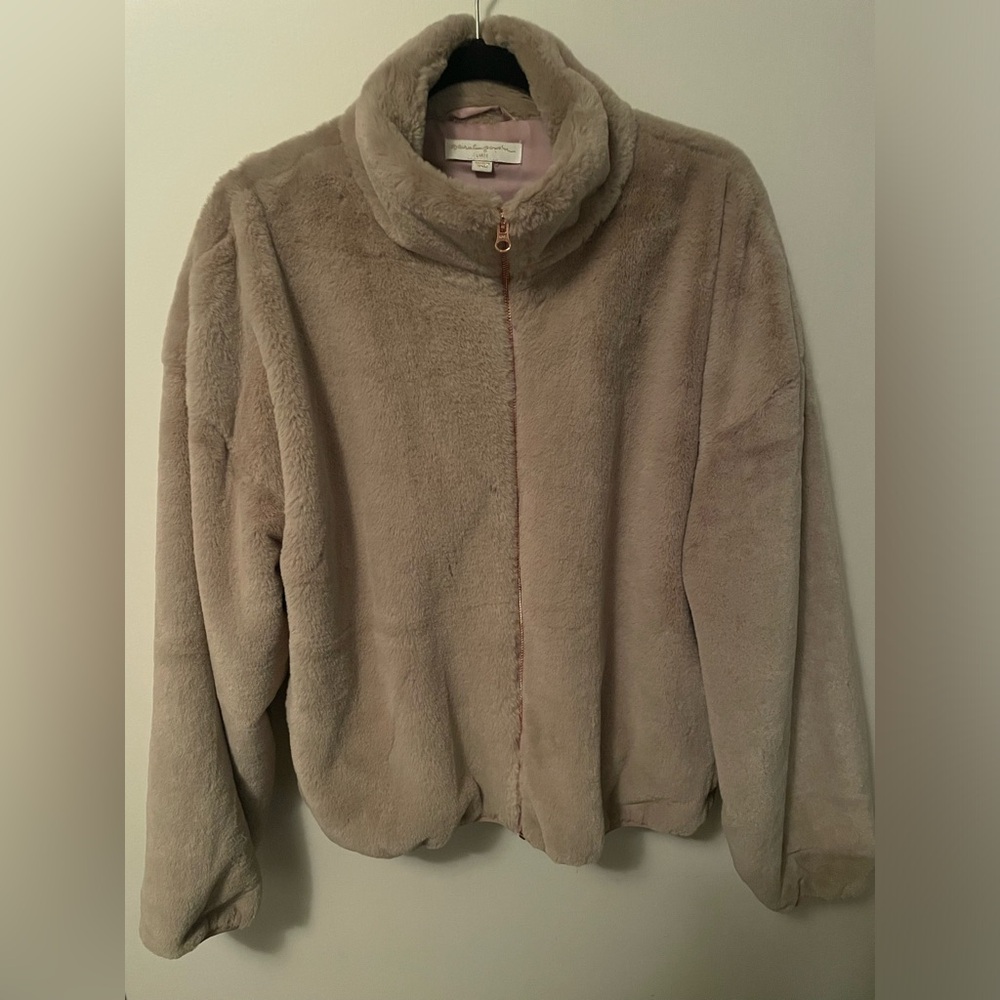 Spiritual Gangster Indy Faux Rabbit Zip Up Jacket in Camel